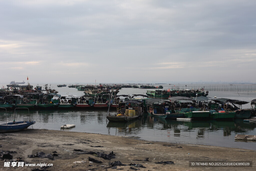 海边渔港停泊众多船只