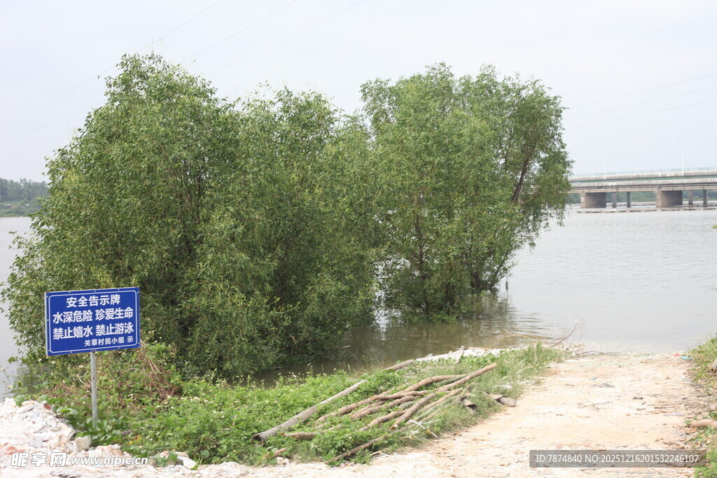 洪水淹没树木与警示标志