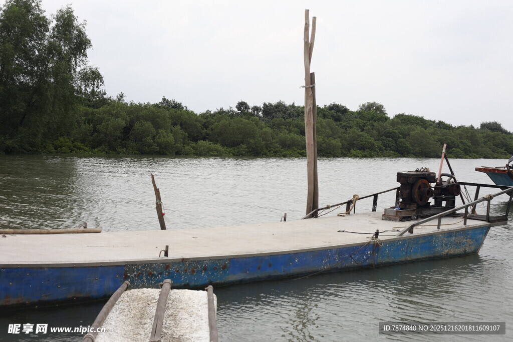 河畔停泊的蓝白船只