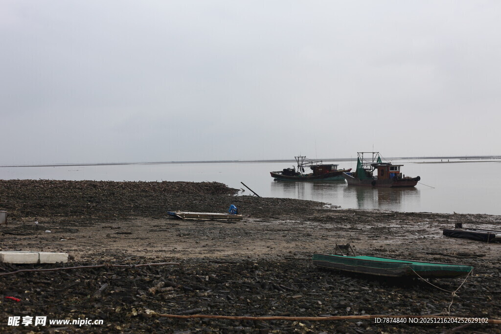海边停泊的几艘渔船