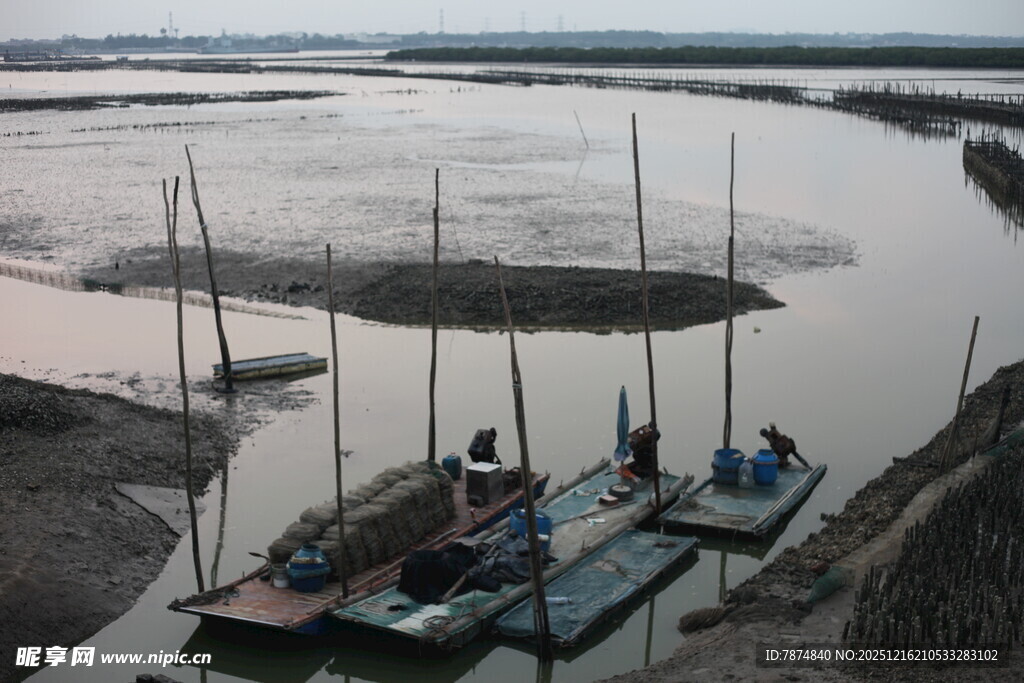 河畔停泊船只的宁静景象
