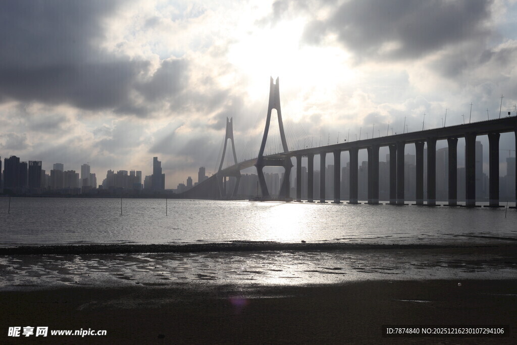 夕阳下的跨海大桥美景