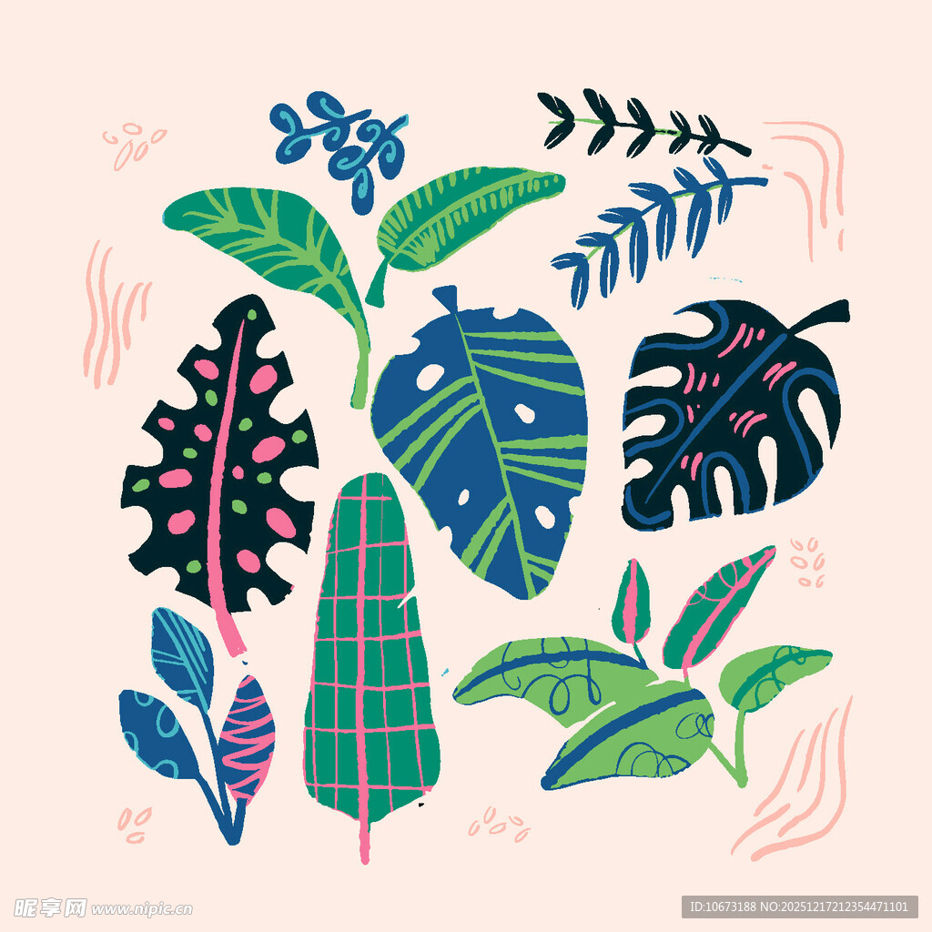多彩手绘植物叶片集合