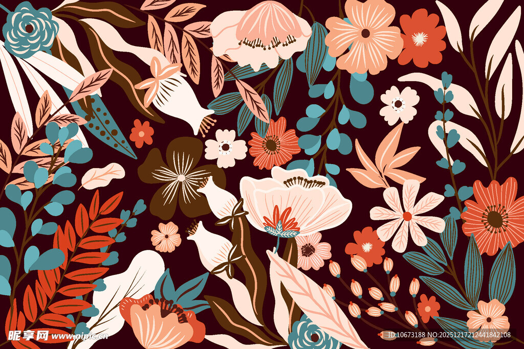 复古花卉图案 色彩绚丽