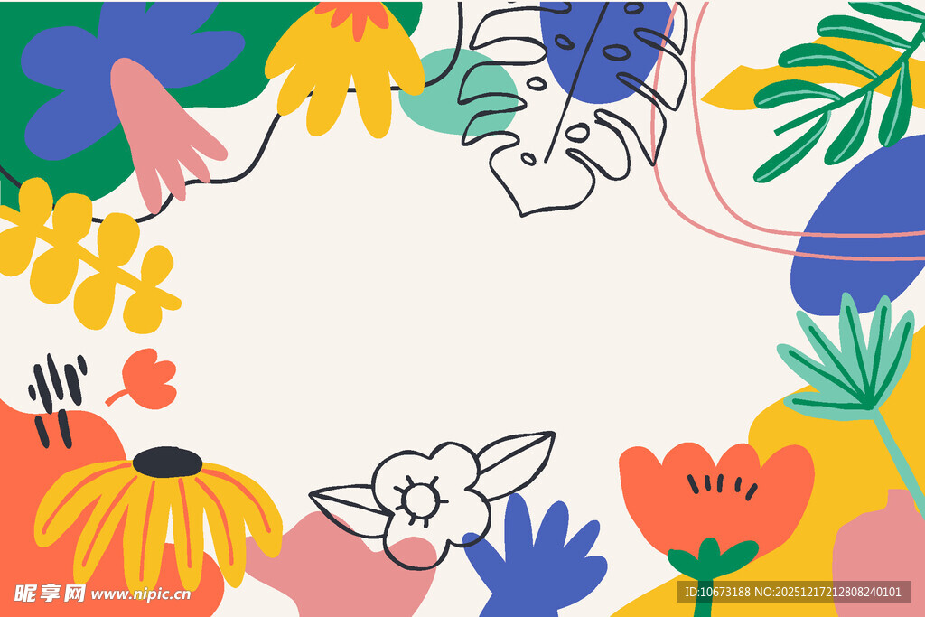 多彩手绘花卉动物边框图案