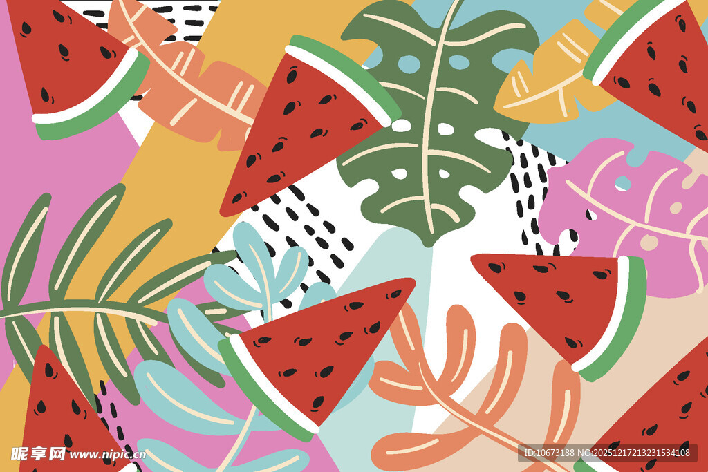 夏日西瓜与植物插画图案