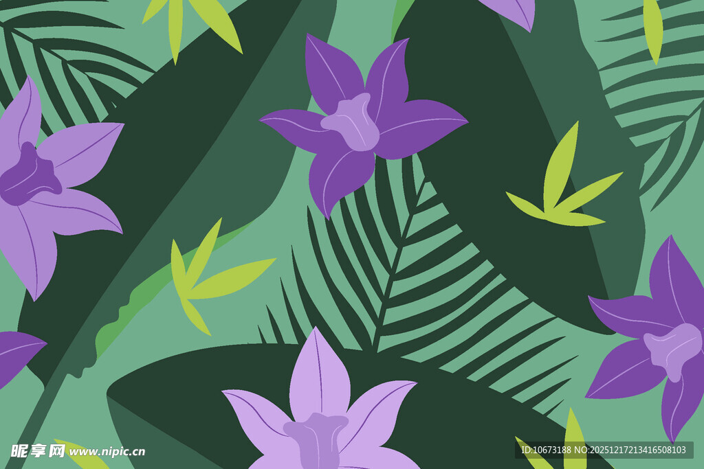 紫色花卉绿叶图案背景