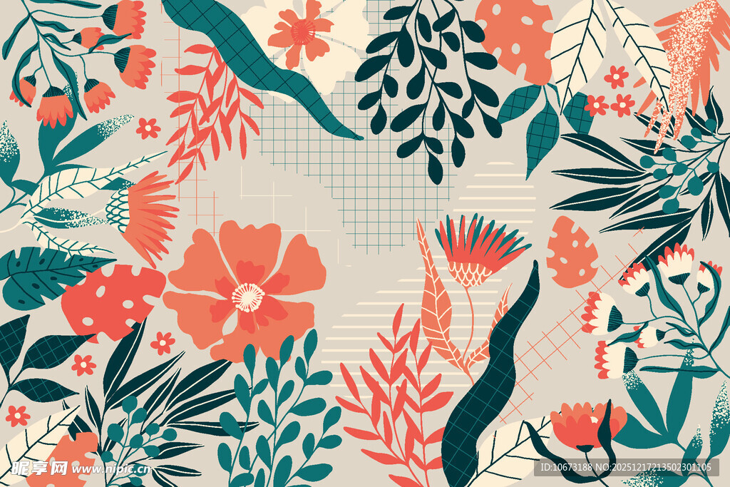 热带花卉鸟类图案设计