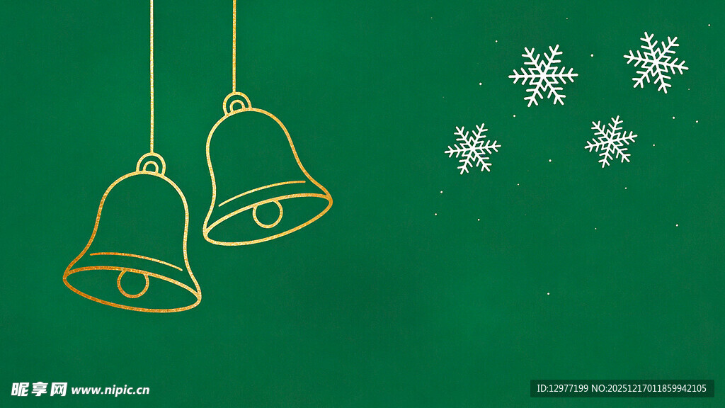 绿色背景上的金色圣诞铃铛
