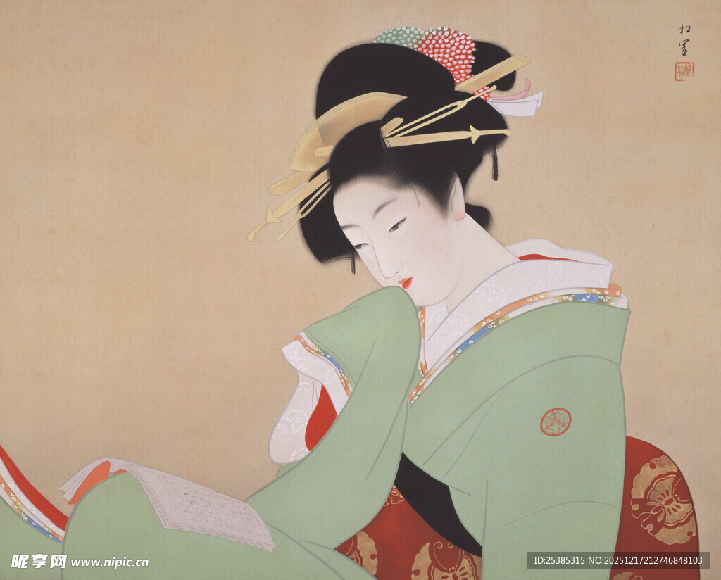 日本艺伎专注阅读画面