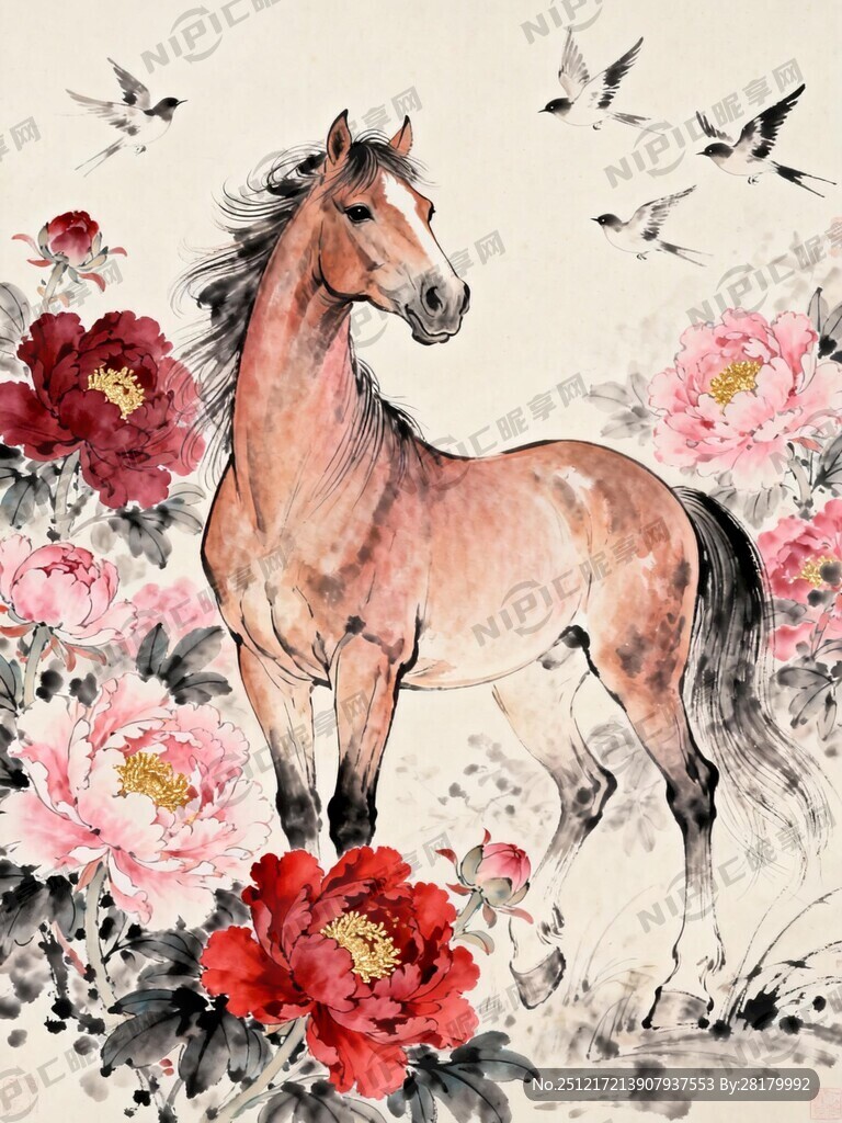 骏马 工笔 牡丹 花鸟