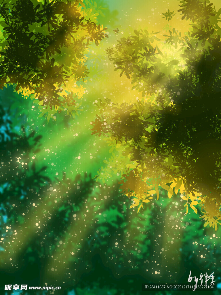 阳光穿透树林的梦幻景象