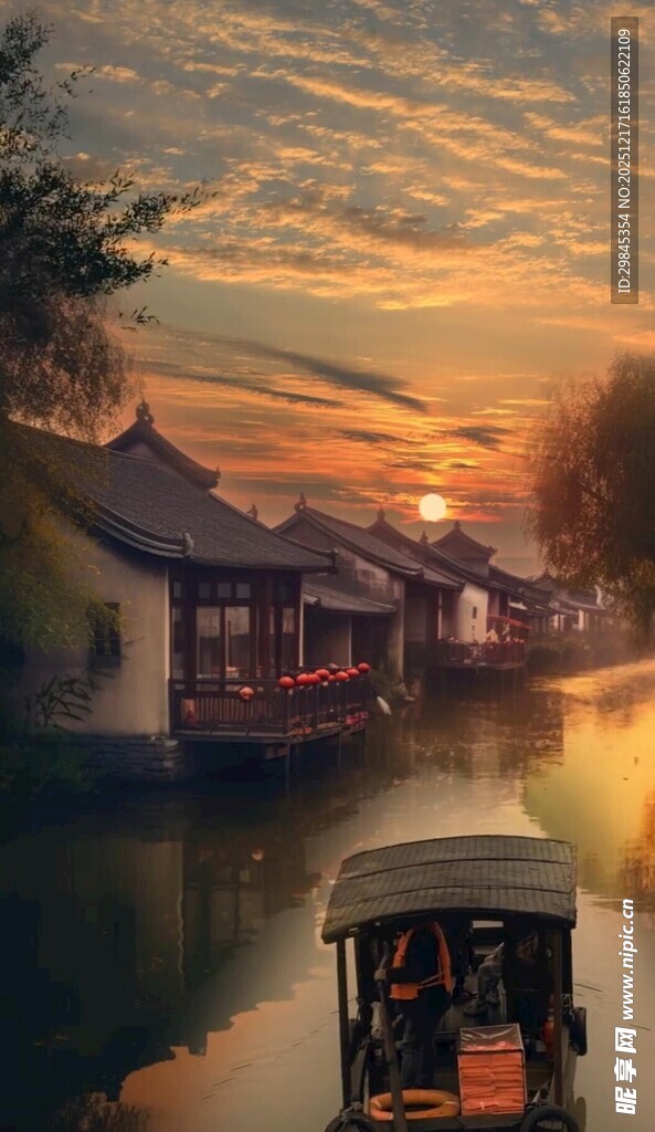 水乡黄昏小船景