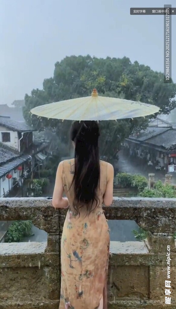 撑伞女子赏水乡烟雨景