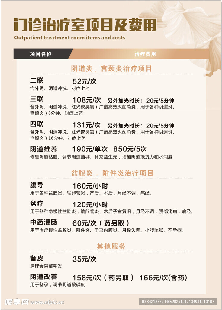 产科检查项目价目表