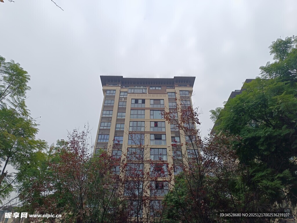 高楼隐于繁茂绿植间