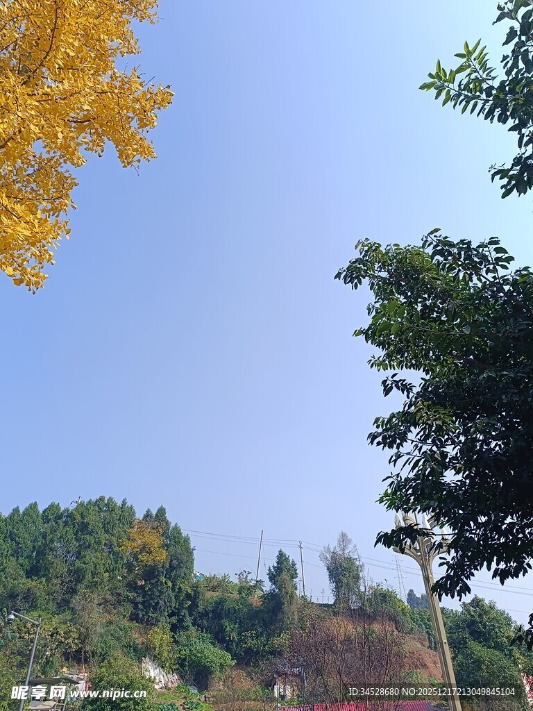 秋日山林蓝天美景