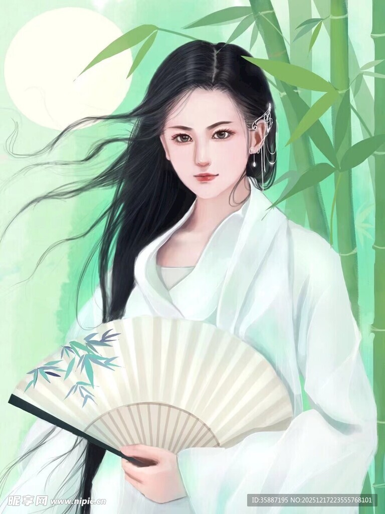 古风女子持扇倚竹林