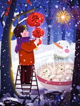 小孩雪地登高挂灯笼