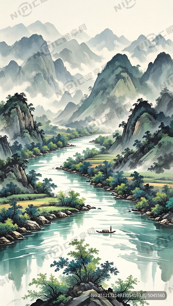 阳朔遇龙河水墨画