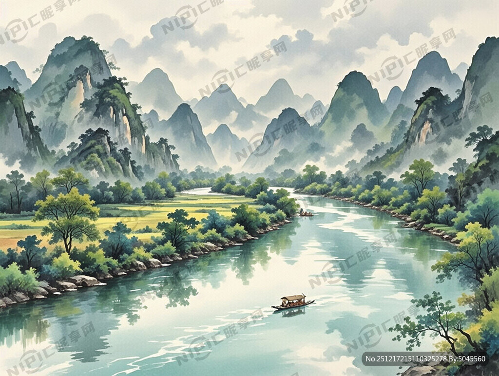 阳朔遇龙河水墨画