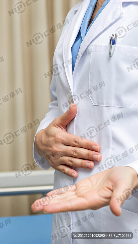 一个美女医生 左手贴住腹部 