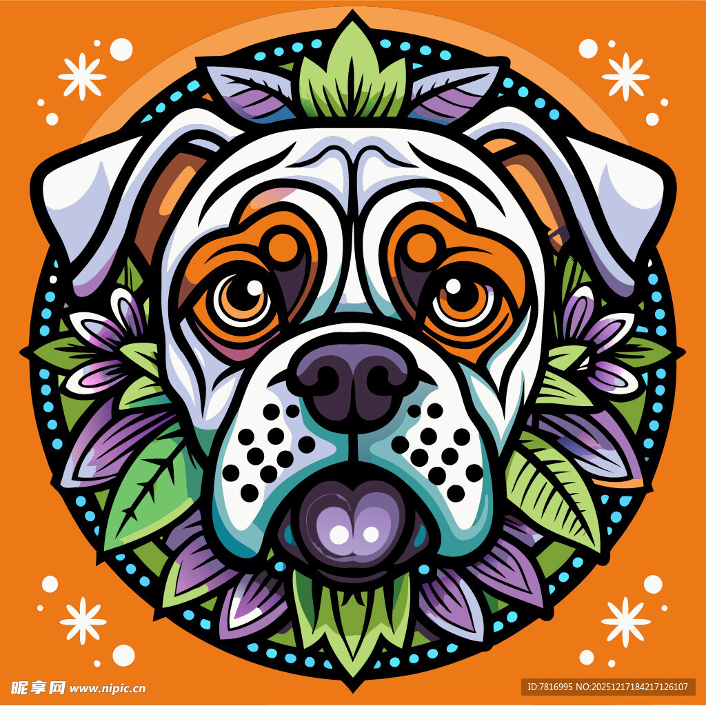 彩色花卉环绕的可爱狗狗