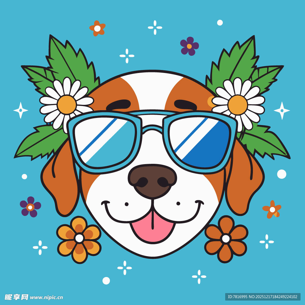 戴墨镜的可爱花朵小狗