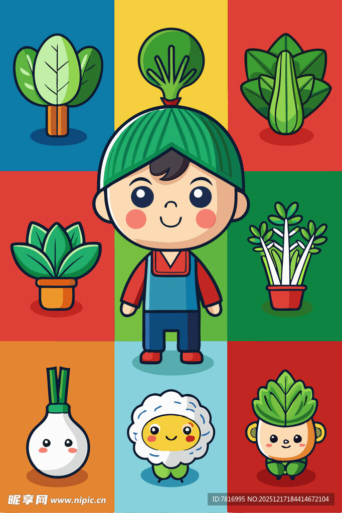 卡通农夫与多样蔬菜