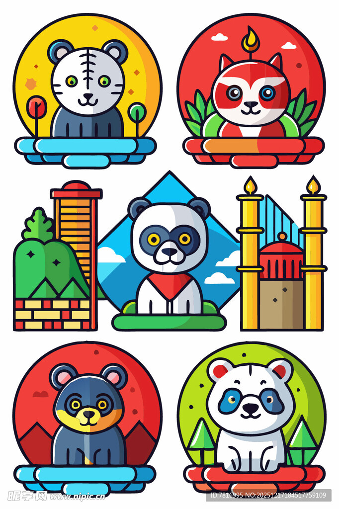 卡通动物与特色建筑图标