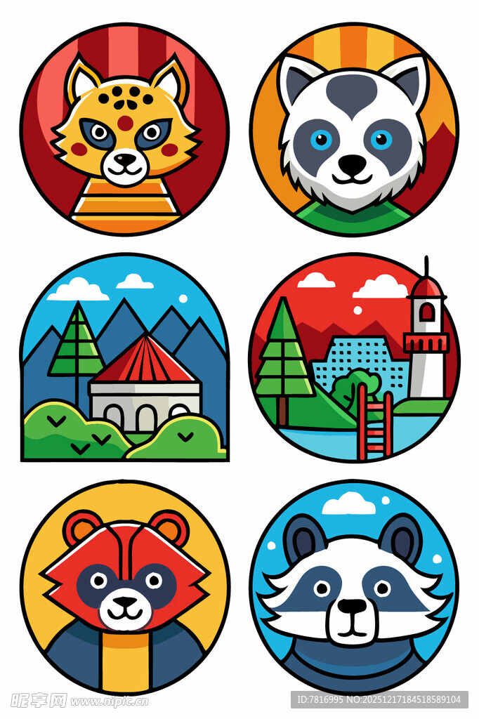 动物主题多彩圆形图标