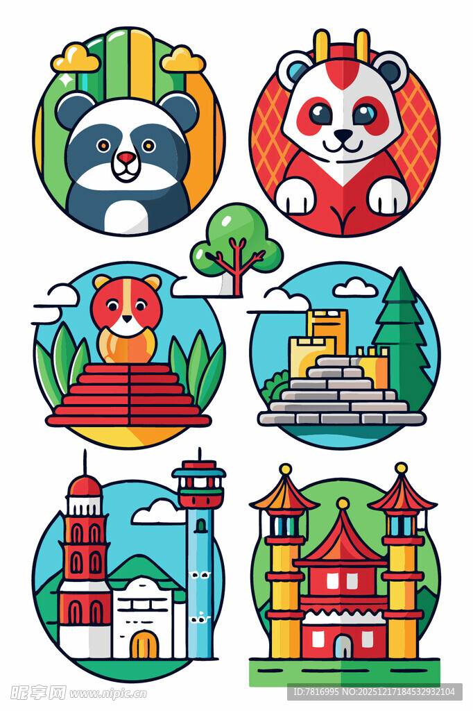 可爱动物与地标建筑插画