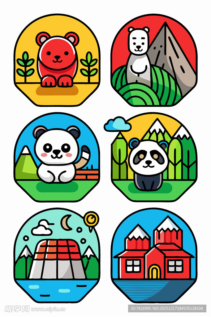 卡通风格地标与动物图标集