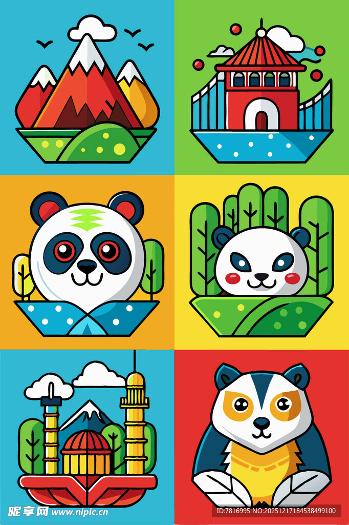 可爱动物与地标图案集合