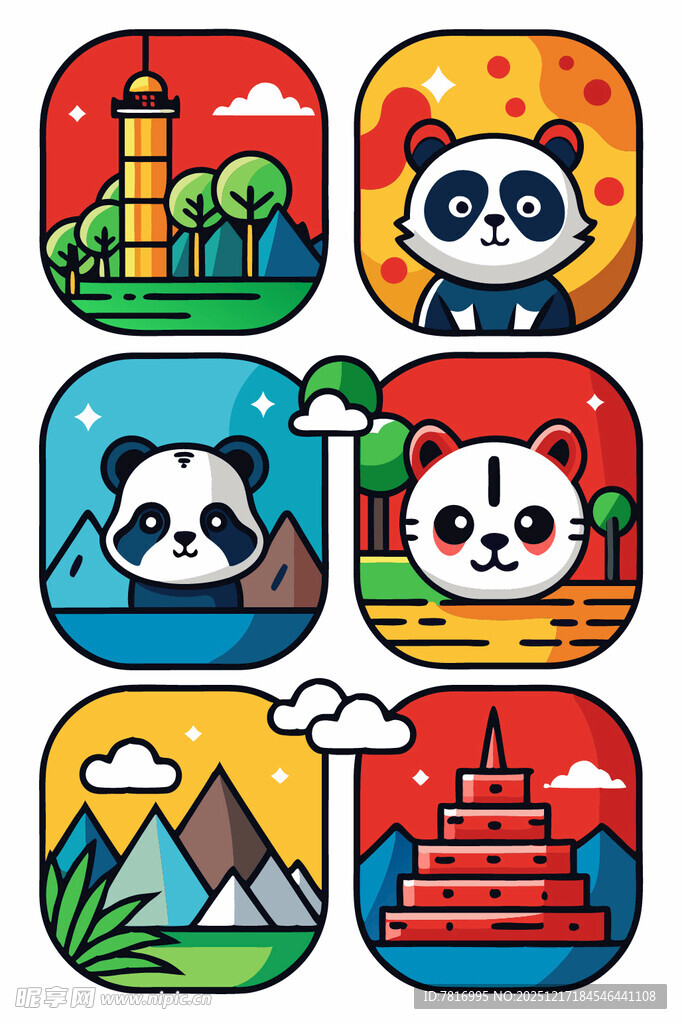 可爱中国风动物与地标图标