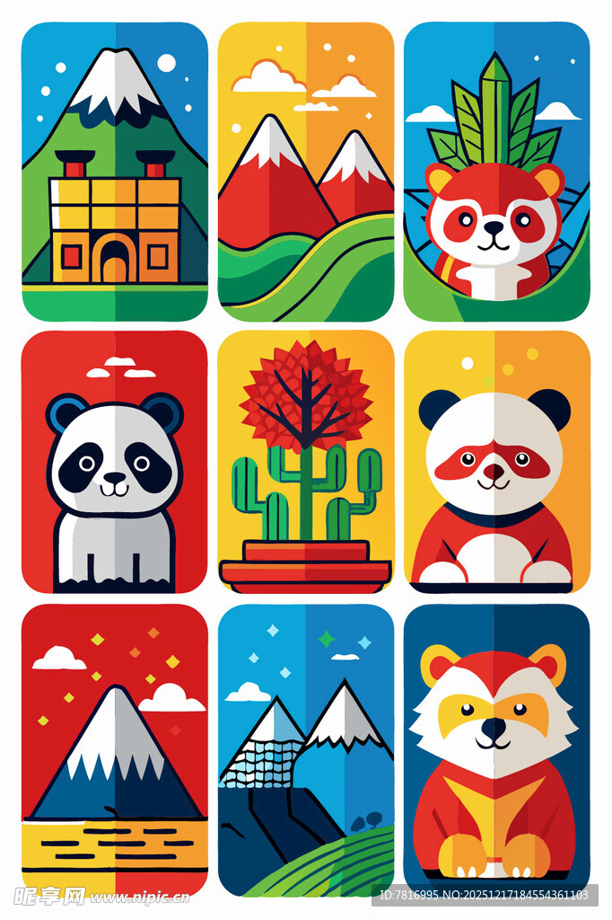可爱动物与风景卡通图案