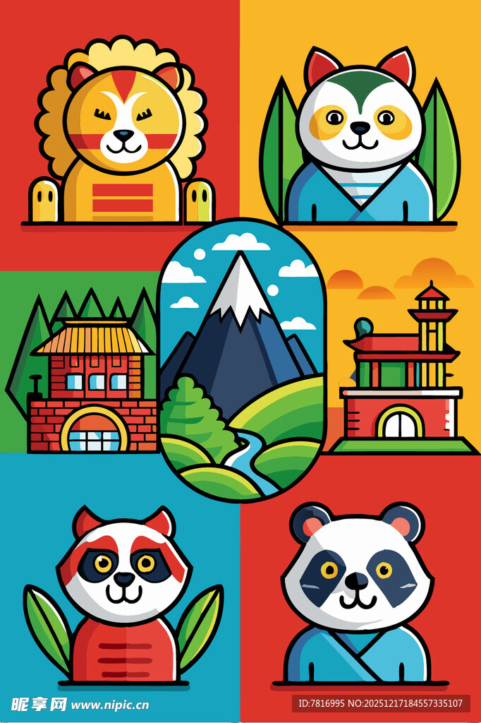 动物与地标图案组合插画