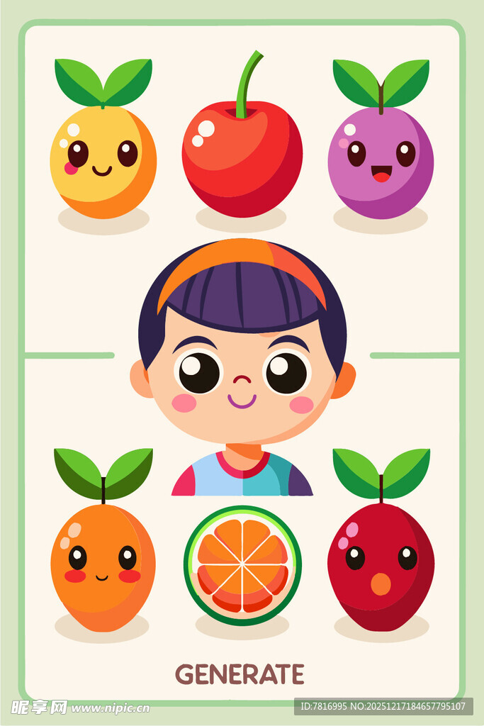 可爱水果与男孩卡通插画
