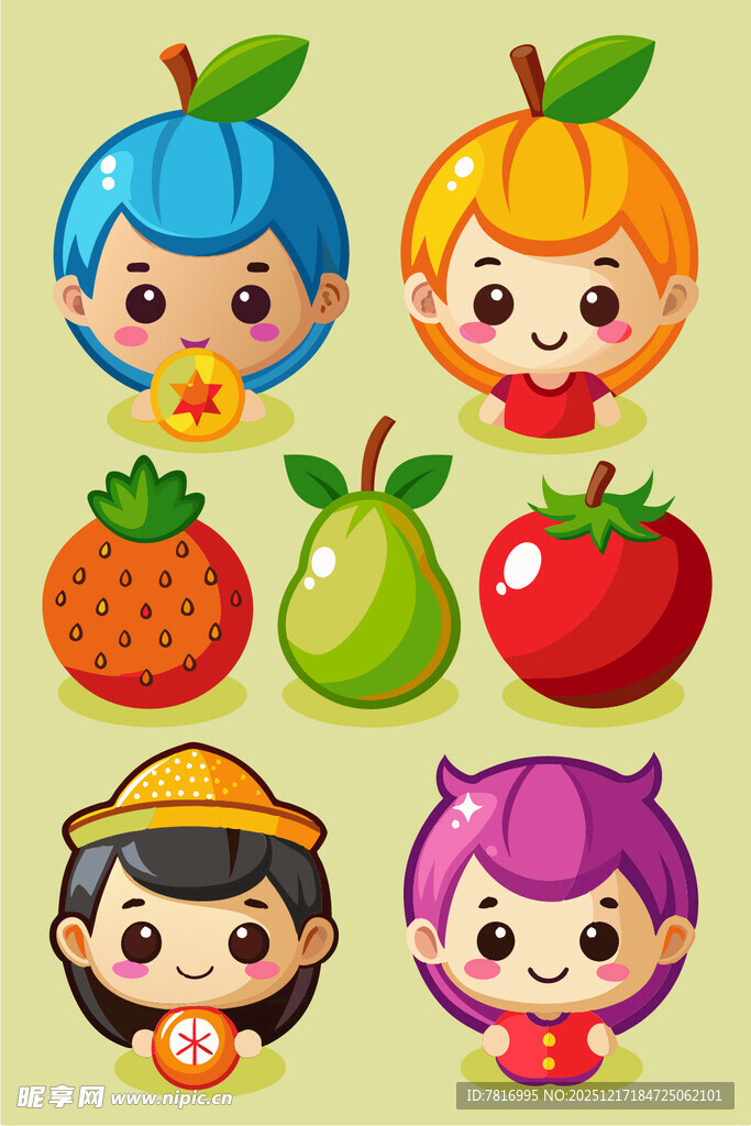 卡通孩童与缤纷水果