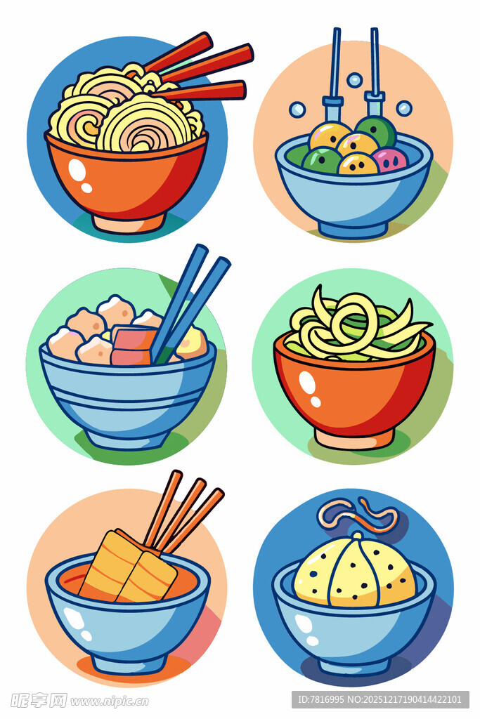 多彩中式面食与汤品插画