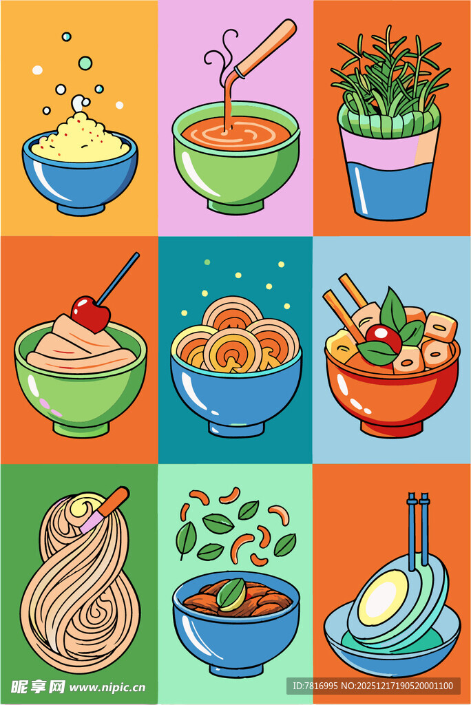 多彩面食美食插画展示