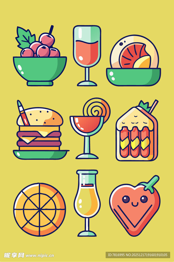 多彩美食与饮品图标集