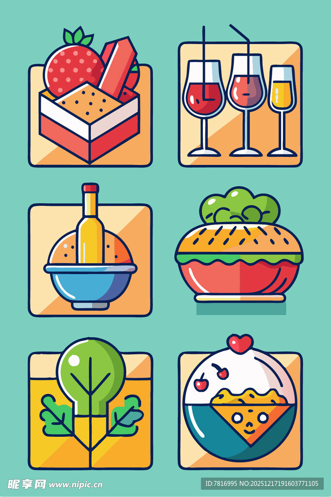 多样美食与饮品插画展示