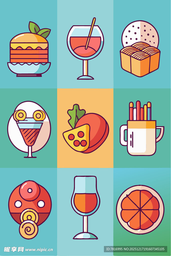 多彩美食与饮品图标集