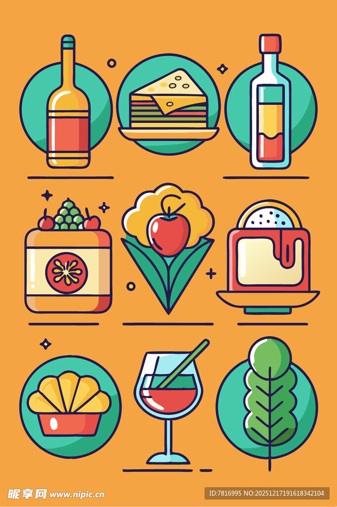 多彩美食与饮品图标集