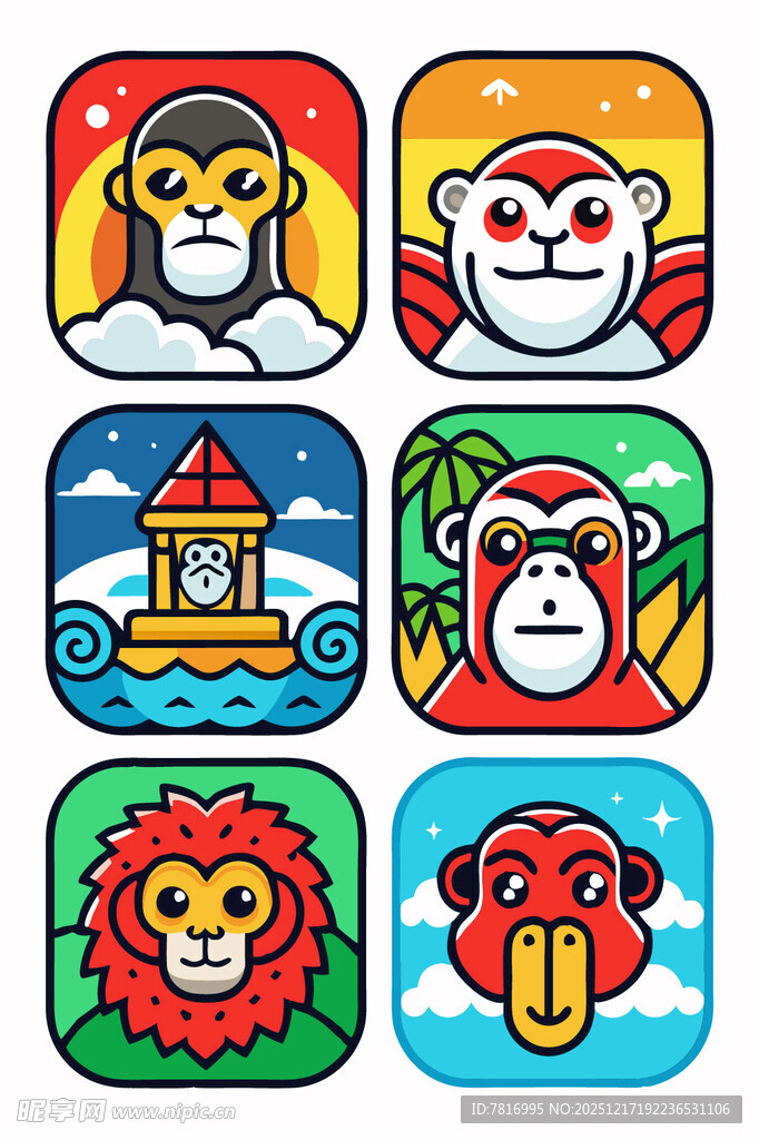 可爱动物与建筑图标集合