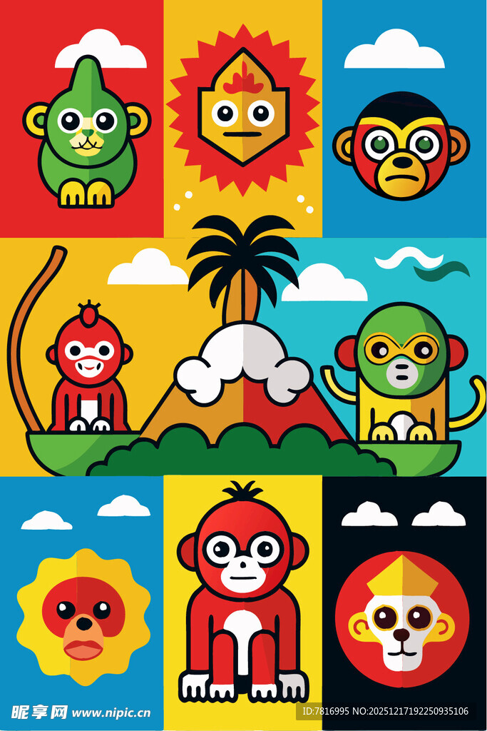 多彩猴子卡通图案集合
