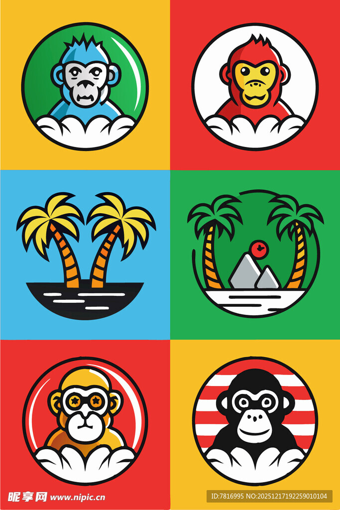 多彩卡通动物与风景图标