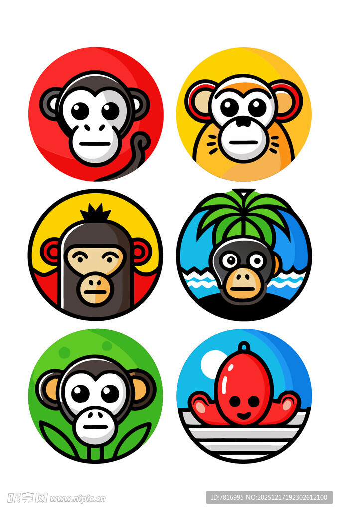 多彩猴子卡通图标集合