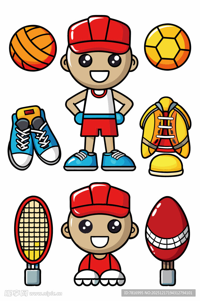 运动男孩与多样体育用品
